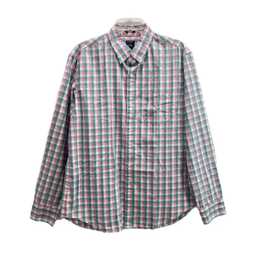 J Crew Flex Washed Plaid Button Down Shirt size Large Pink Blue